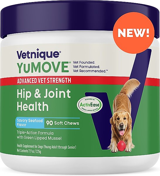 Show full view: Vetnique Labs YuMOVE Advanced Vet Strength Savory Seafood Flavor Soft Chews Hip & Joint Support Supplement for Dogs, 90 count slide 1 of 9