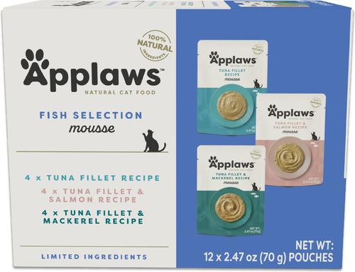Show full view: Applaws Fish Selection Mousse Variety Pack Limited Ingredient Wet Food, 2.47-oz pouch, case of 12 + Tuna Puree Lickable Cat Treats, 0.5-oz tube, 6 count slide 2 of 9