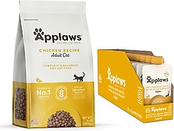 Applaws Chicken Broth with Chicken Breast Bone Broth Wet Food, 3-oz pouch, 12 count + Adult Complete Chicken Recipe with Country Vegetables Grain-Free Dry Cat Food, 4-lb bag