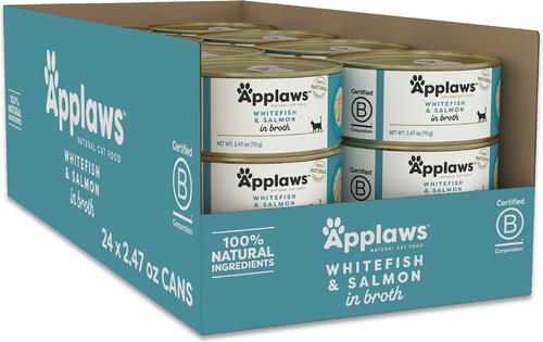 Show full view: Applaws Adult Complete Whitefish Recipe with Country Vegetables Grain-Free Dry Food, 4-lb bag + Whitefish with Salmon in Broth Wet Cat Food, 2.47-oz can, case of 24 slide 6 of 9