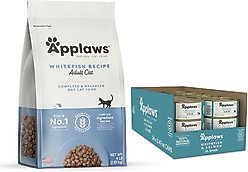 Applaws Adult Complete Whitefish Recipe with Country Vegetables Grain-Free Dry Food, 4-lb bag + Whitefish with Salmon in Broth Wet Cat Food, 2.47-oz can, case of 24