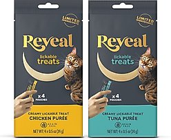 Reveal Tuna Puree Grain-Free Lickable Treats, 0.5-oz sachet, 4 count + Reveal Chicken Puree Grain-Free Lickable Cat Treats, 0.5-oz sachet, 4 count