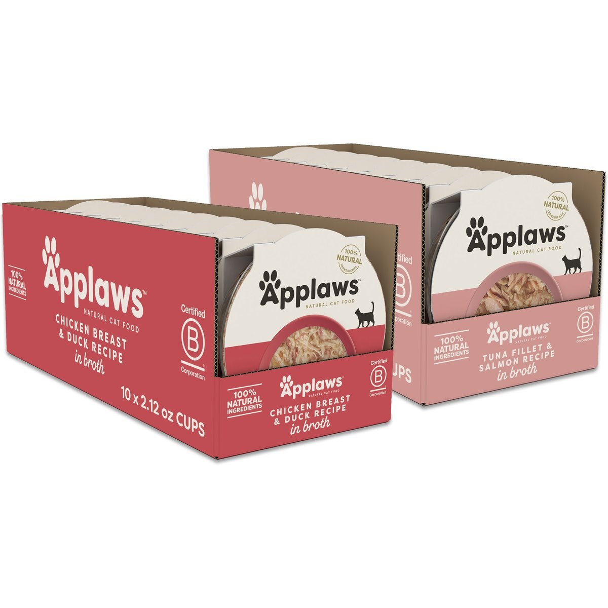 Applaws Chicken Breast & Duck Recipe in Broth Wet Food, 2.12-oz cup, case of 10 + Tuna Fillet & Salmon Recipe in Broth Wet Cat Food, 2.12-oz cup, case of 10
