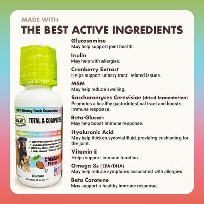 Show full view: Liquid-Vet K9 Total & Complete Chicken Flavored Liquid Multi-Supplement for Dogs, 8-fl oz bottle, case of 2 slide 5 of 10