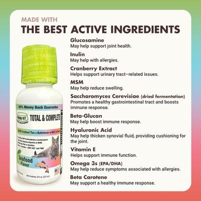 Show full view: Liquid-Vet Feline Total & Complete Seafood Flavored Liquid Multi-Supplement for Cats, 8-fl oz bottle slide 5 of 9