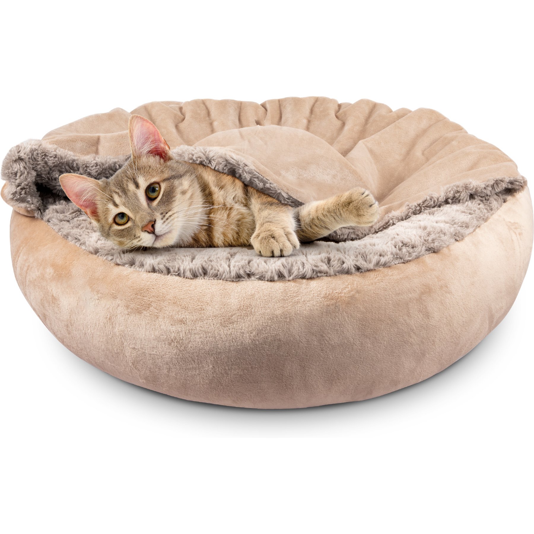 MIXJOY Quilted Rose Velvet Machine Washable Bolster Dog & Cat Bed, Beige, Small