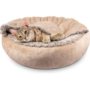 JOEJOY Cozy Cuddler Dog & Cat Bed with Hooded Blanket, Beige, Small