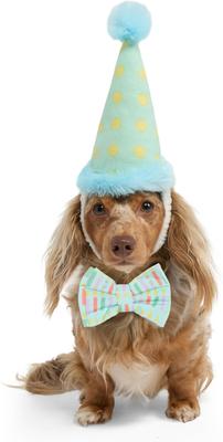 Show full view: Hotel Doggy Plush Pompom Birthday Dog Hat, Light Blue, Large/X-Large slide 4 of 5