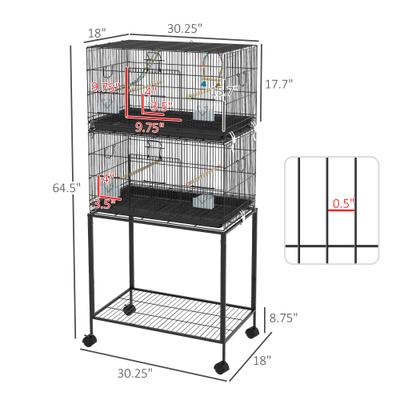 Show full view: PawHut Double Stackable Bird Cage with Stand & Removable Tray, Black, 30.25 x 17.75 x 64.5-in slide 3 of 9