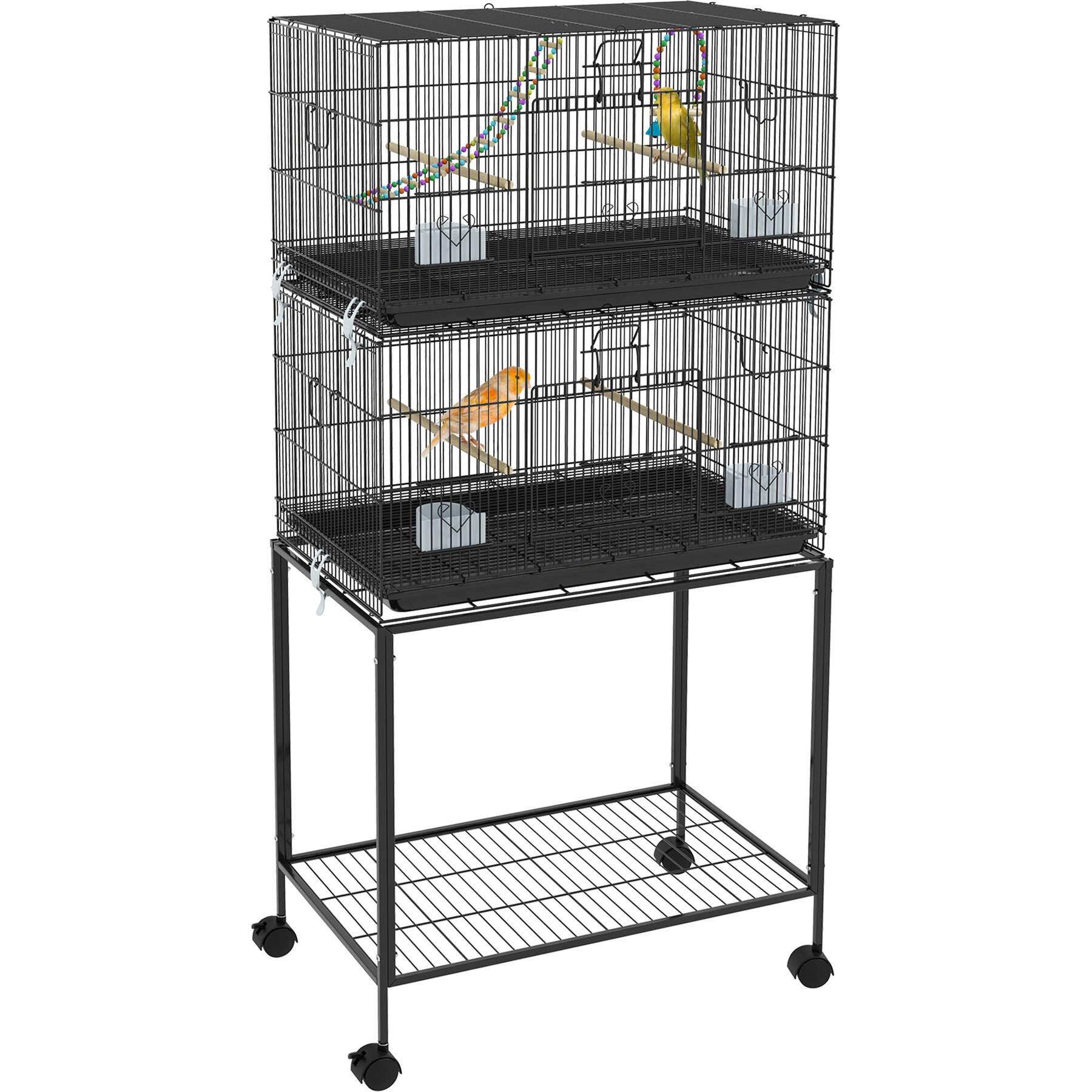 PawHut Double Stackable Bird Cage with Stand & Removable Tray, Black, 30.25 x 17.75 x 64.5-in