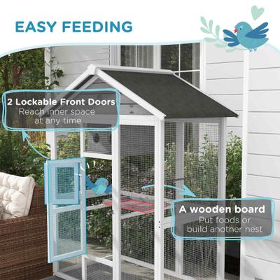 Show full view: PawHut Indoor & Outdoor Wooden Bird Cage with Slide-Out Tray, Gray, 50 x 28.75 x 64.5-in slide 4 of 9