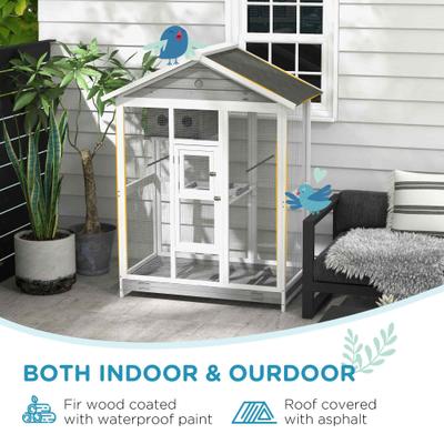 Show full view: PawHut Indoor & Outdoor Wooden Bird Cage with Slide-Out Tray, Gray, 50 x 28.75 x 64.5-in slide 7 of 9