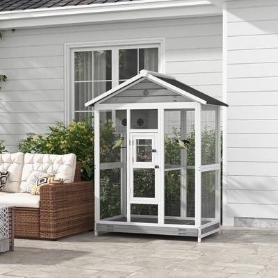 Show full view: PawHut Indoor & Outdoor Wooden Bird Cage with Slide-Out Tray, Gray, 50 x 28.75 x 64.5-in slide 2 of 9