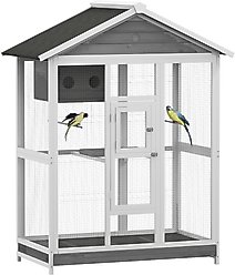 PawHut Indoor & Outdoor Wooden Bird Cage with Slide-Out Tray, Gray, 50 x 28.75 x 64.5-in