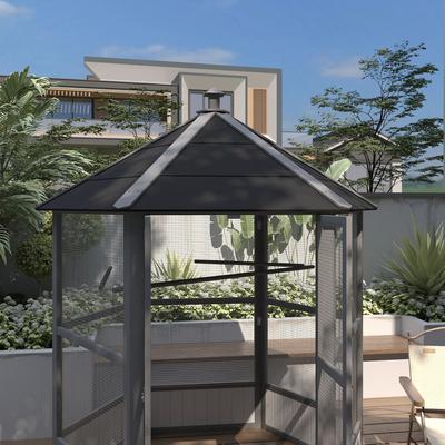 Show full view: PawHut Large Wooden Hexagonal Outdoor Aviary Flight Bird Cage with Covered Roof, Light Gray, 59 x 59 x 69.75-in slide 7 of 9