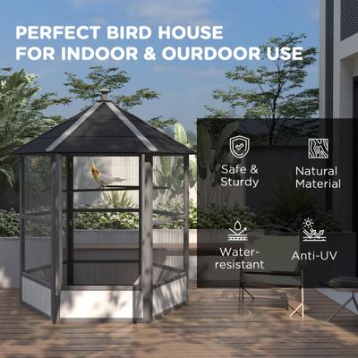 Show full view: PawHut Large Wooden Hexagonal Outdoor Aviary Flight Bird Cage with Covered Roof, Light Gray, 59 x 59 x 69.75-in slide 6 of 9