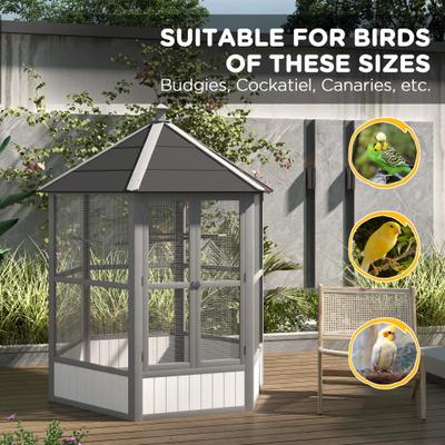 Show full view: PawHut Large Wooden Hexagonal Outdoor Aviary Flight Bird Cage with Covered Roof, Light Gray, 59 x 59 x 69.75-in slide 5 of 9