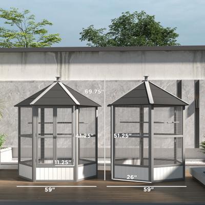 Show full view: PawHut Large Wooden Hexagonal Outdoor Aviary Flight Bird Cage with Covered Roof, Light Gray, 59 x 59 x 69.75-in slide 3 of 9