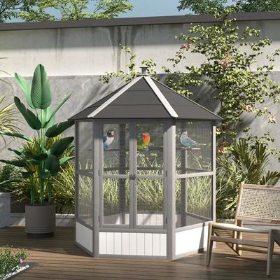 Show full view: PawHut Large Wooden Hexagonal Outdoor Aviary Flight Bird Cage with Covered Roof, Light Gray, 59 x 59 x 69.75-in slide 2 of 9