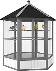 PawHut Large Wooden Hexagonal Outdoor Aviary Flight Bird Cage with Covered Roof, Light Gray, 59 x 59 x 69.75-in