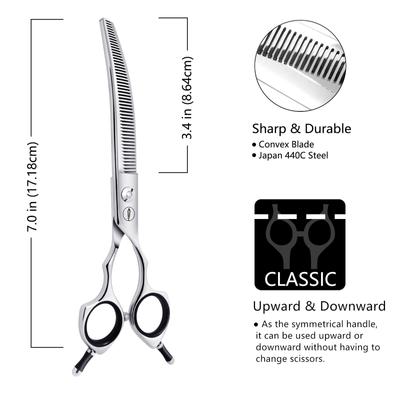 Show full view: HASHIMOTO Curved Thinning Dog & Cat Grooming Shears, Silver, 7.0-in slide 2 of 5