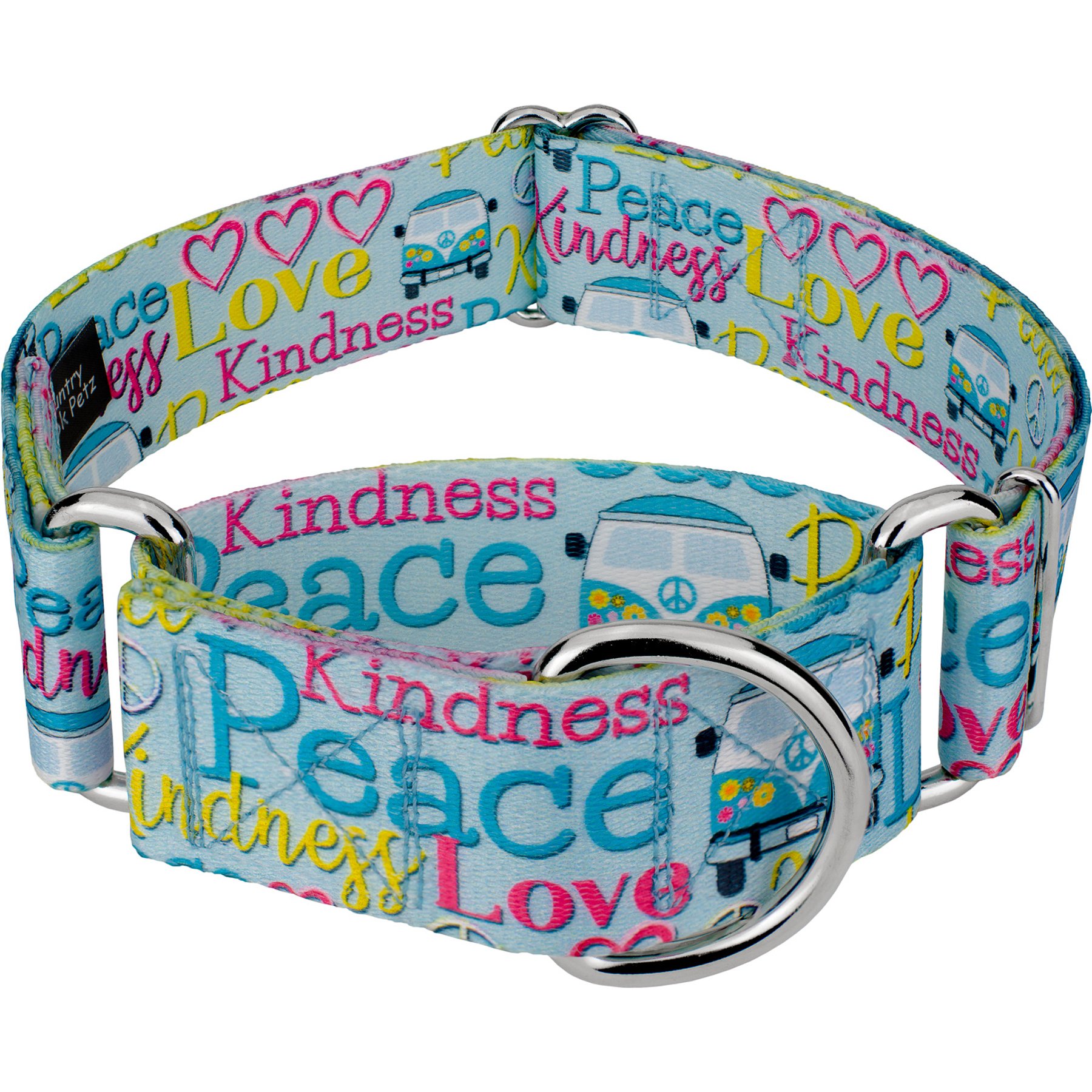 Country Brook Petz HossFit Jr Love & Peace Wide Martingale Dog Collar, Blue, Medium: 15 to 21-in neck, 1.5-in wide