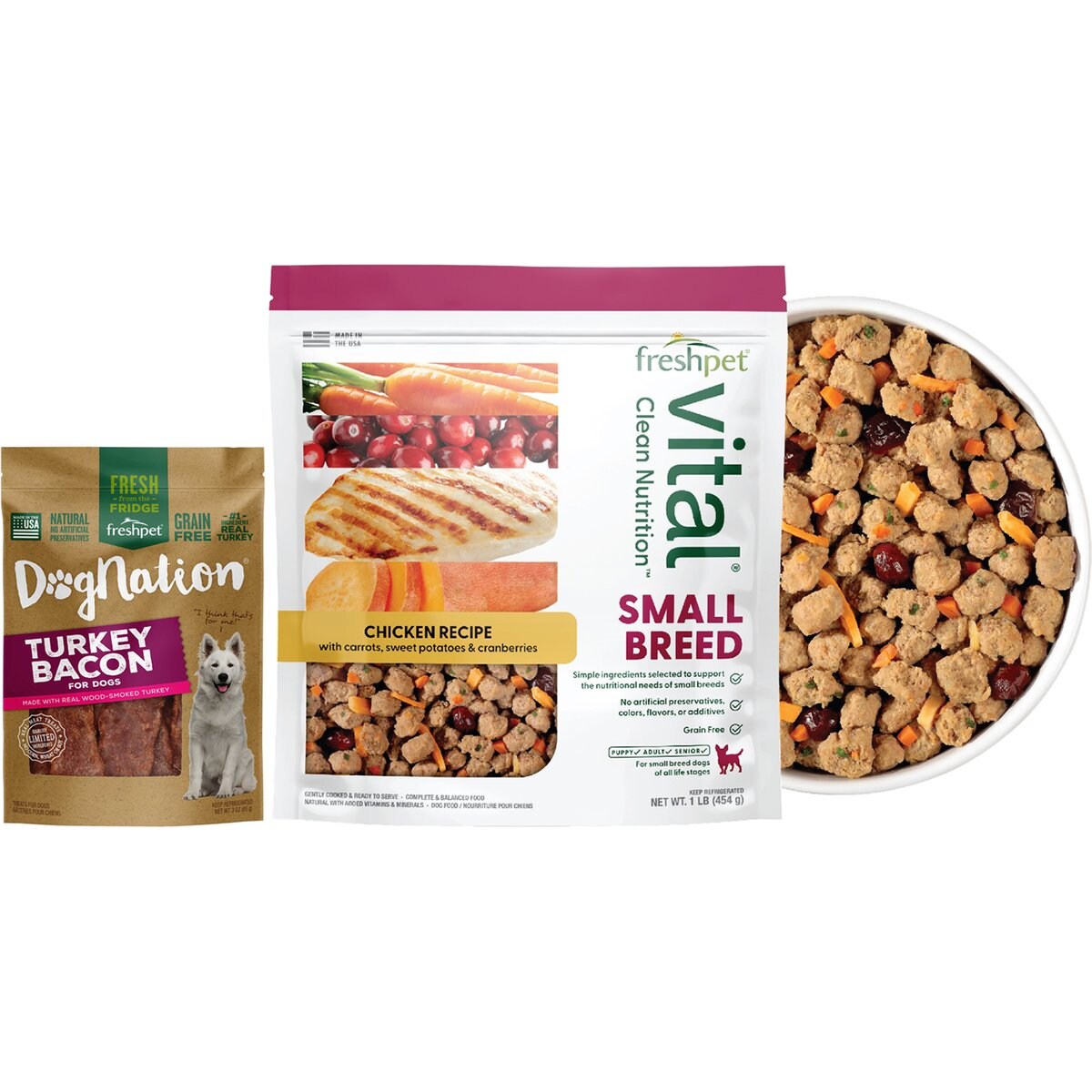Freshpet Dognation Turkey Bacon Fresh Treats + Vital Chicken Recipe Small Breed Fresh Dog Food
