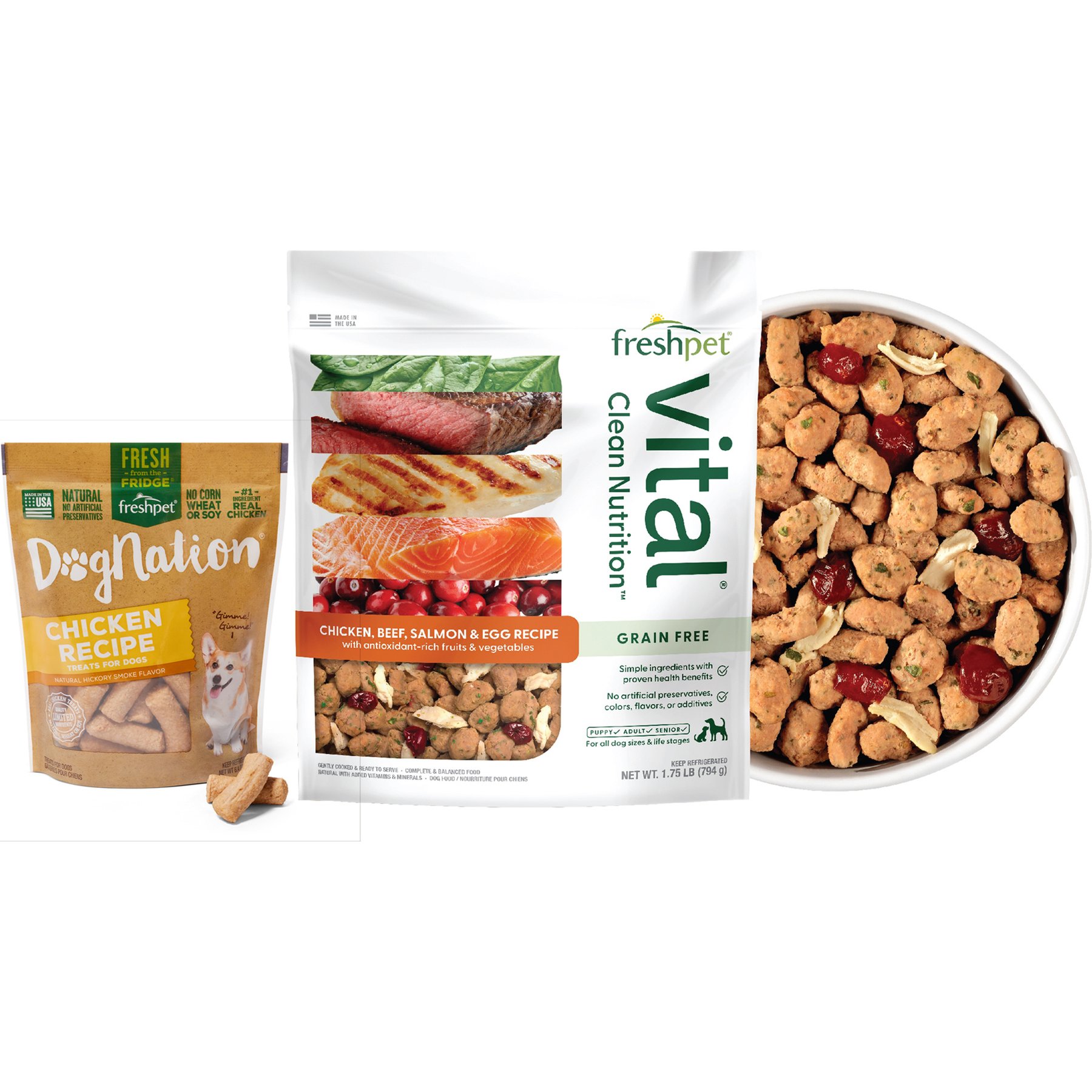 Freshpet Dognation Chicken Recipe Fresh Treats + Vital Chicken, Beef, Salmon & Egg Recipe Fresh Dog Food