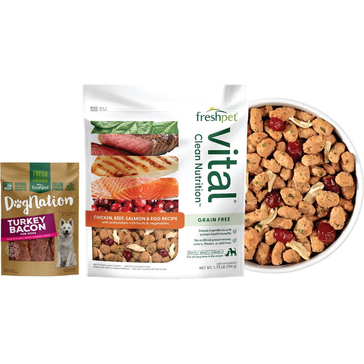 Freshpet Vital Chicken, Beef, Salmon & Egg Recipe Fresh Food + Dognation Turkey Bacon Fresh Dog Treats