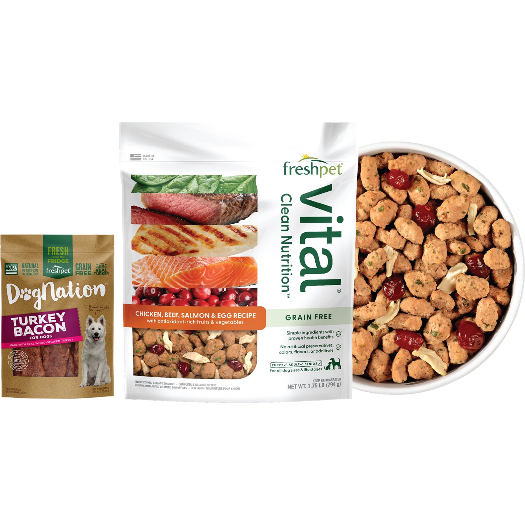 Freshpet Vital Chicken, Beef, Salmon & Egg Recipe Fresh Food + Dognation Turkey Bacon Fresh Dog Treats
