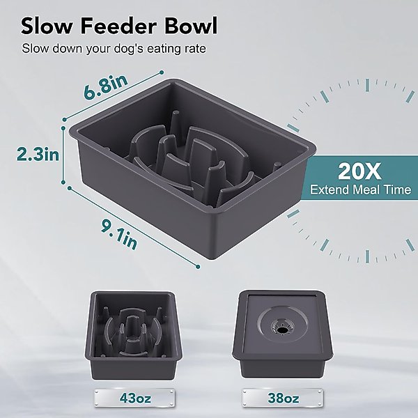 Show full view: UPSKY 2-in-1 Adjustable Raised Non-Skid Stainless Steel Slow Feeder Dog Bowls, Grey slide 4 of 9