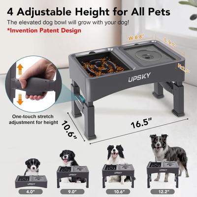Show full view: UPSKY 2-in-1 Adjustable Raised Non-Skid Slow Feeder Dog Bowls, Grey slide 3 of 11