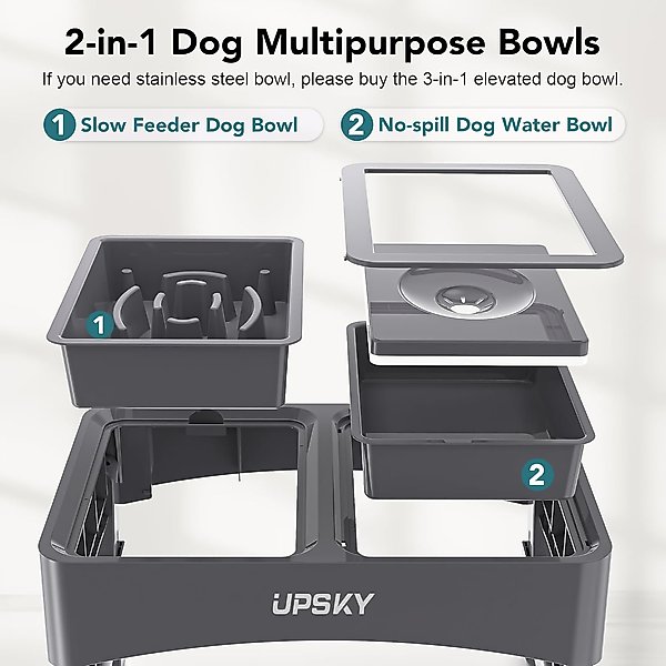 Show full view: UPSKY 2-in-1 Adjustable Raised Non-Skid Stainless Steel Slow Feeder Dog Bowls, Grey slide 3 of 9