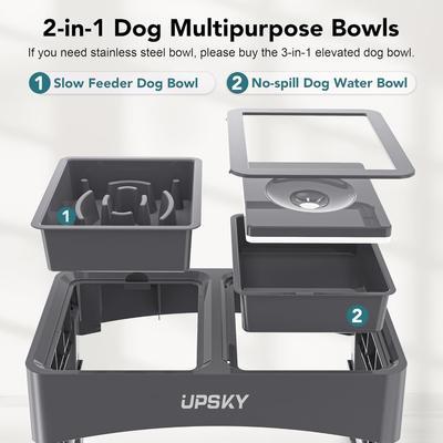 Show full view: UPSKY 2-in-1 Adjustable Raised Non-Skid Slow Feeder Dog Bowls, Grey slide 4 of 11