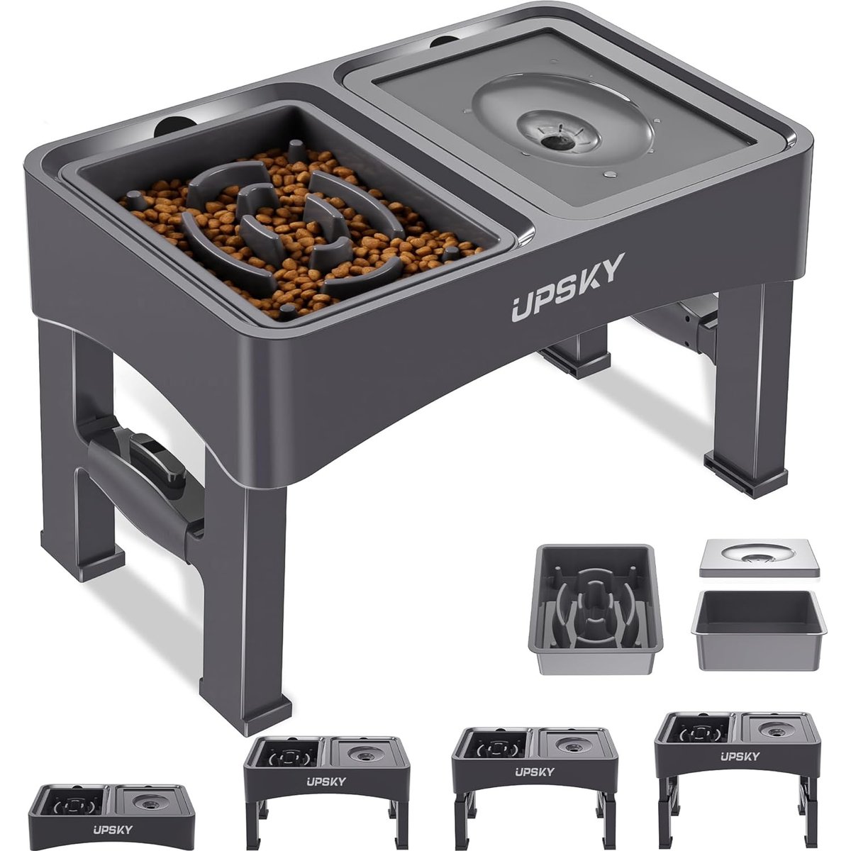 UPSKY 2-in-1 Adjustable Raised Non-Skid Slow Feeder Dog Bowls, Grey