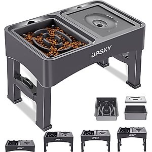 UPSKY 2-in-1 Adjustable Raised Non-Skid Stainless Steel Slow Feeder Dog Bowls, Grey