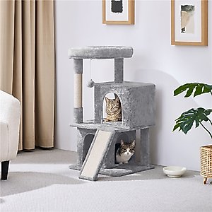 Yaheetech 3 Tiers 36-in Plush Cat Tower with Double Cat Condo, Light Gray
