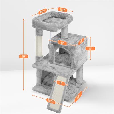 Show full view: Yaheetech 3 Tiers 36-in Plush Cat Tower with Double Cat Condo, Light Gray slide 3 of 7