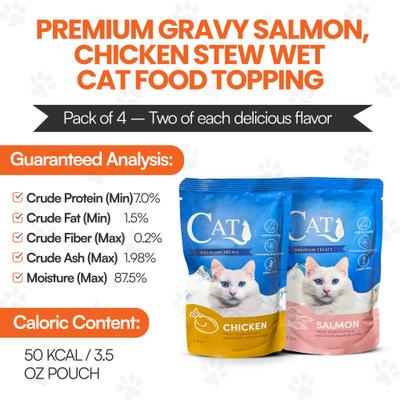 Show full view: Scoochie Pet Mixed Variety Pack Premium Gravy Salmon & Chicken Stew Wet Cat Food Topping, 3.5-oz pouch, case of 4 slide 9 of 10