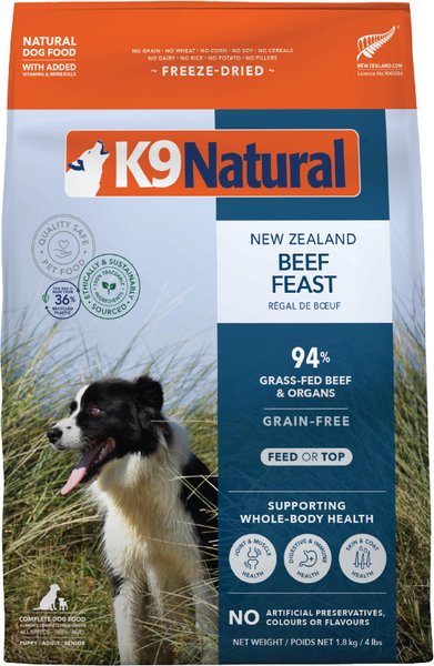 Show full view: K9 Natural New Zealand Beef Feast Grain-Free Freeze-Dried Dog Food, 4-lb bag slide 1 of 12