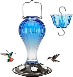 Kingsyard Glass Hummingbird Soda Bottle Feeder, Blue & White