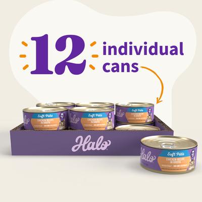 Show full view: Halo Chicken Recipe Adult Grain-Free Soft Pate Wet Cat Food, 5.5-oz can, case of 12 slide 7 of 8