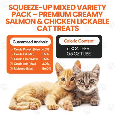 Show full view: Scoochie Pet Squeeze-Up Mixed Variety Pack Premium Creamy Salmon & Chicken Cat Lickable Treats, 0.5-oz tube, case of 16 slide 6 of 10