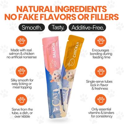 Show full view: Scoochie Pet Squeeze-Up Mixed Variety Pack Premium Creamy Salmon & Chicken Cat Lickable Treats, 0.5-oz tube, case of 64 slide 4 of 10