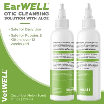 Show full view: VetWELL EarWELL Otic Cleansing Solution with Aloe Cucumber Melon Scent Dog & Cat Ear Solution, 8-fl oz bottle slide 7 of 9