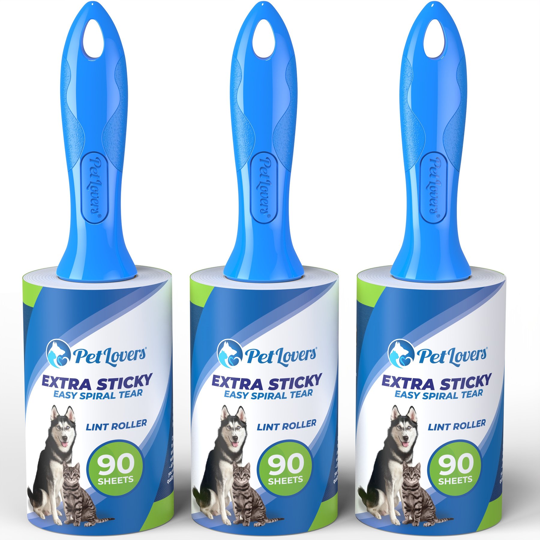 PetLovers Extra Sticky Lint Roller Pet Hair Remover, Blue, 3 Rollers, 270 Sheets