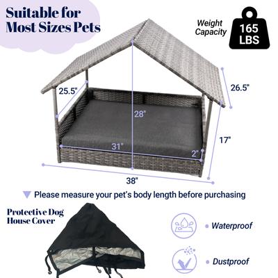 Show full view: Heeyoo Indoor & Outdoor Wicker House Rattan Elevated Dog Bed with Canopy, Grey, 38 x 26.5 x 28-in slide 3 of 10