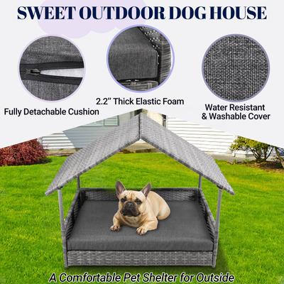 Show full view: Heeyoo Indoor & Outdoor Wicker House Rattan Elevated Dog Bed with Canopy, Grey, 38 x 26.5 x 28-in slide 4 of 10