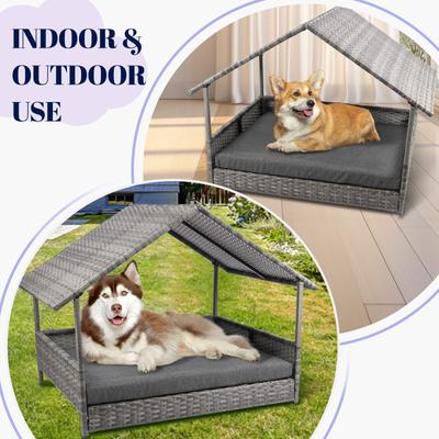 Show full view: Heeyoo Indoor & Outdoor Wicker House Rattan Elevated Dog Bed with Canopy, Grey, 38 x 26.5 x 28-in slide 9 of 10