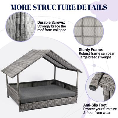 Show full view: Heeyoo Indoor & Outdoor Wicker House Rattan Elevated Dog Bed with Canopy, Grey, 38 x 26.5 x 28-in slide 7 of 10